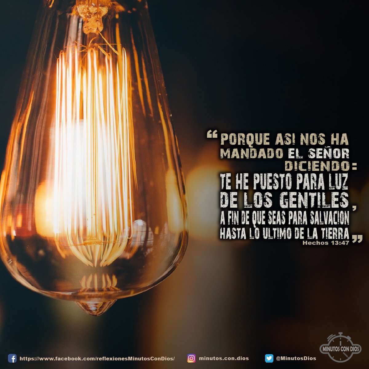 Porque así nos ha mandado el Señor, diciendo: Te he puesto para luz de los gentiles, A fin de que seas para salvación hasta lo último de la tierra. Hechos 13:47 RVR1960 #LuzDeLosGentiles, #LlevandoLaSalvacion, #PredicandoHastaLoUltimoDeLaTierra, #MinutosConDios, #ReflexionesDiarias