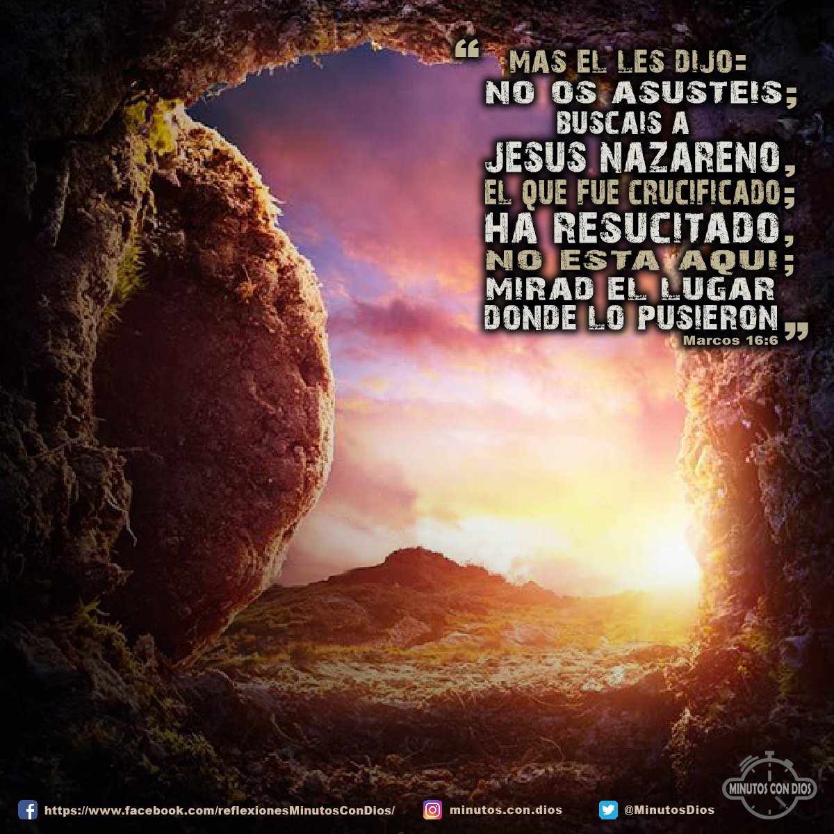 Mas él les dijo: No os asustéis; buscáis a Jesús nazareno, el que fue crucificado; ha resucitado, no está aquí; mirad el lugar en donde le pusieron Marcos 16:6 RVR1960 #SemanaSanta, #JesucristoResucito, #DiaDeResurreccion, #TumbaVacia, #MinutosConDios, #ReflexionesDiarias