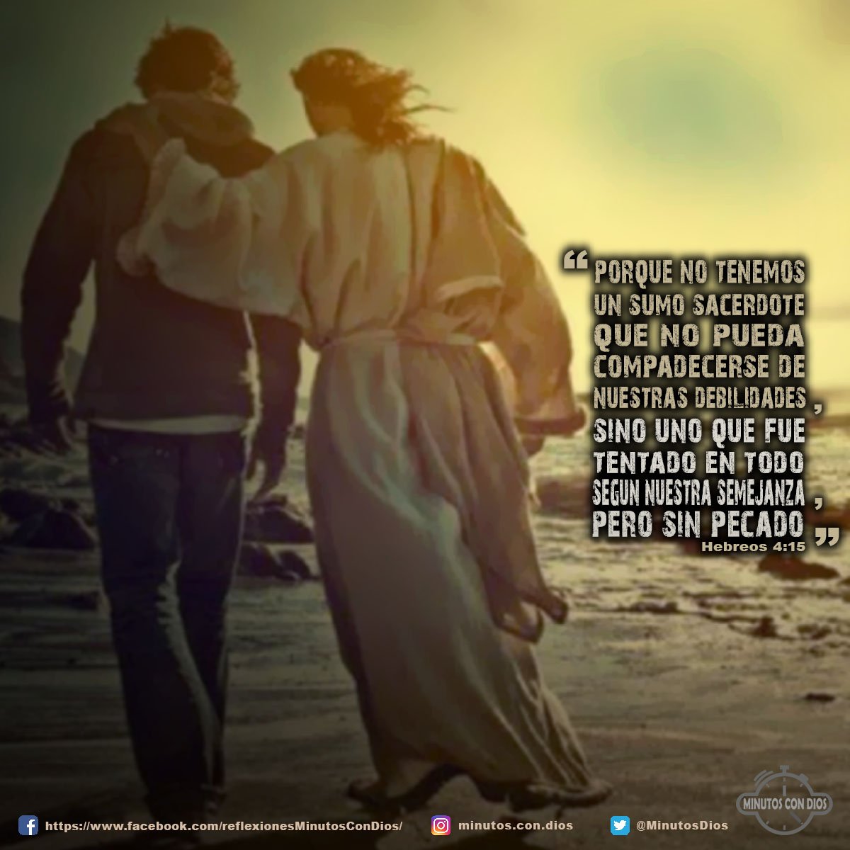 Porque no tenemos un sumo sacerdote que no pueda compadecerse de nuestras debilidades, sino uno que fue tentado en todo según nuestra semejanza, pero sin pecado. Hebreos 4:15 RVR1960 #JesusSeCompadeceDeNosotros, #TentadoEnTodoSinPecado, #MinutosConDios, #ReflexionesDiarias