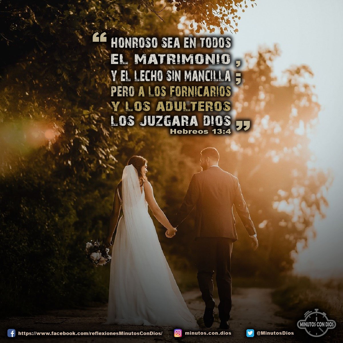 Honroso sea en todos el matrimonio, y el lecho sin mancilla; pero a los fornicarios y a los adúlteros los juzgará Dios. Hebreos 13:4 RVR1960 #HonrosoSeaElMatrimonio, #PecadoSexual, #MinutosConDios, #ReflexionesDiarias