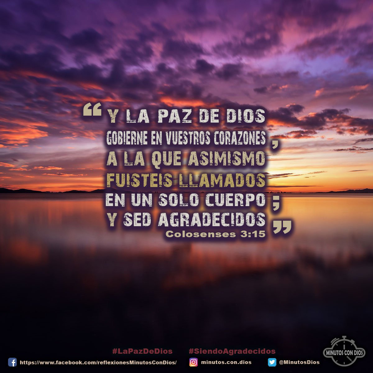 Y la paz de Dios gobierne en vuestros corazones, a la que asimismo fuisteis llamados en un solo cuerpo; y sed agradecidos. Colosenses 3:15 RVR1960 #LaPazDeDios, #SiendoAgradecidos, #MinutosConDios, #ReflexionesDiarias