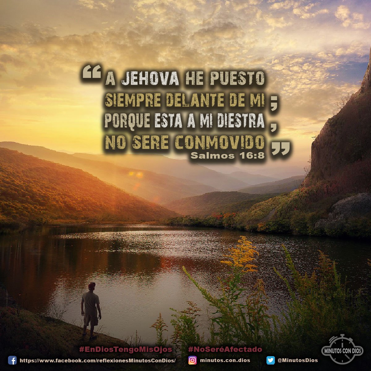 A Jehová he puesto siempre delante de mí; porque está a mi diestra, no seré conmovido. Salmos 16:8 RVR1960 #EnDiosTengoMisOjos, #NoSereAfectado, #MinutosConDios, #ReflexionesDiarias