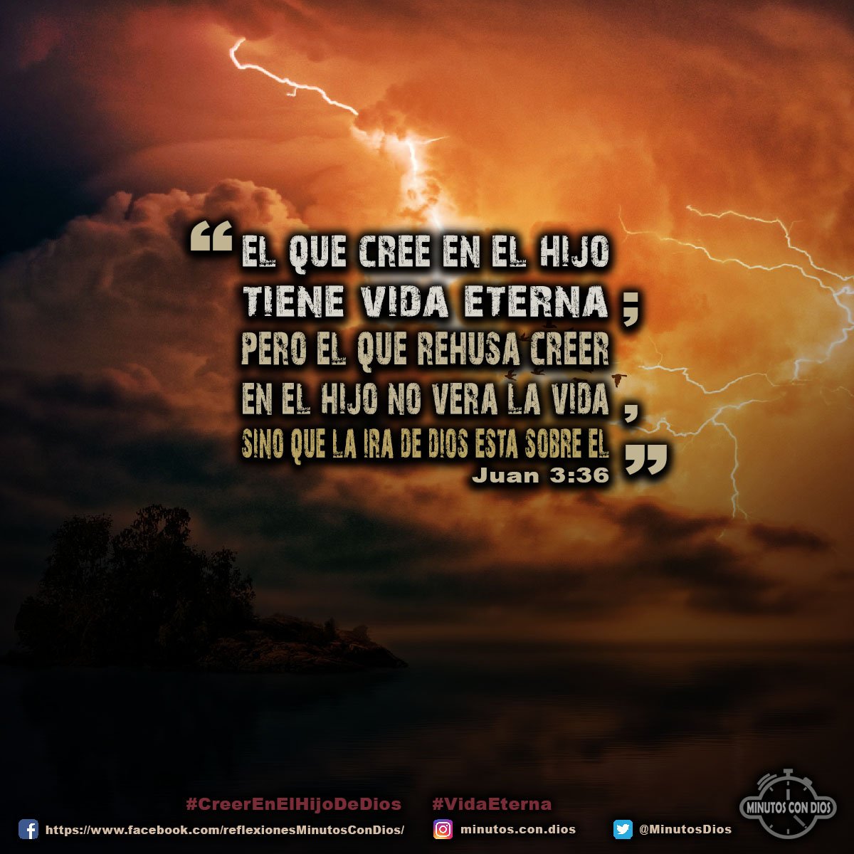 El que cree en el Hijo tiene vida eterna; pero el que rehúsa creer en el Hijo no verá la vida, sino que la ira de Dios está sobre él. Juan 3:36 RVR1960 #CreerEnElHijoDeDios, #VidaEterna, #MinutosConDios, #ReflexionesDiarias