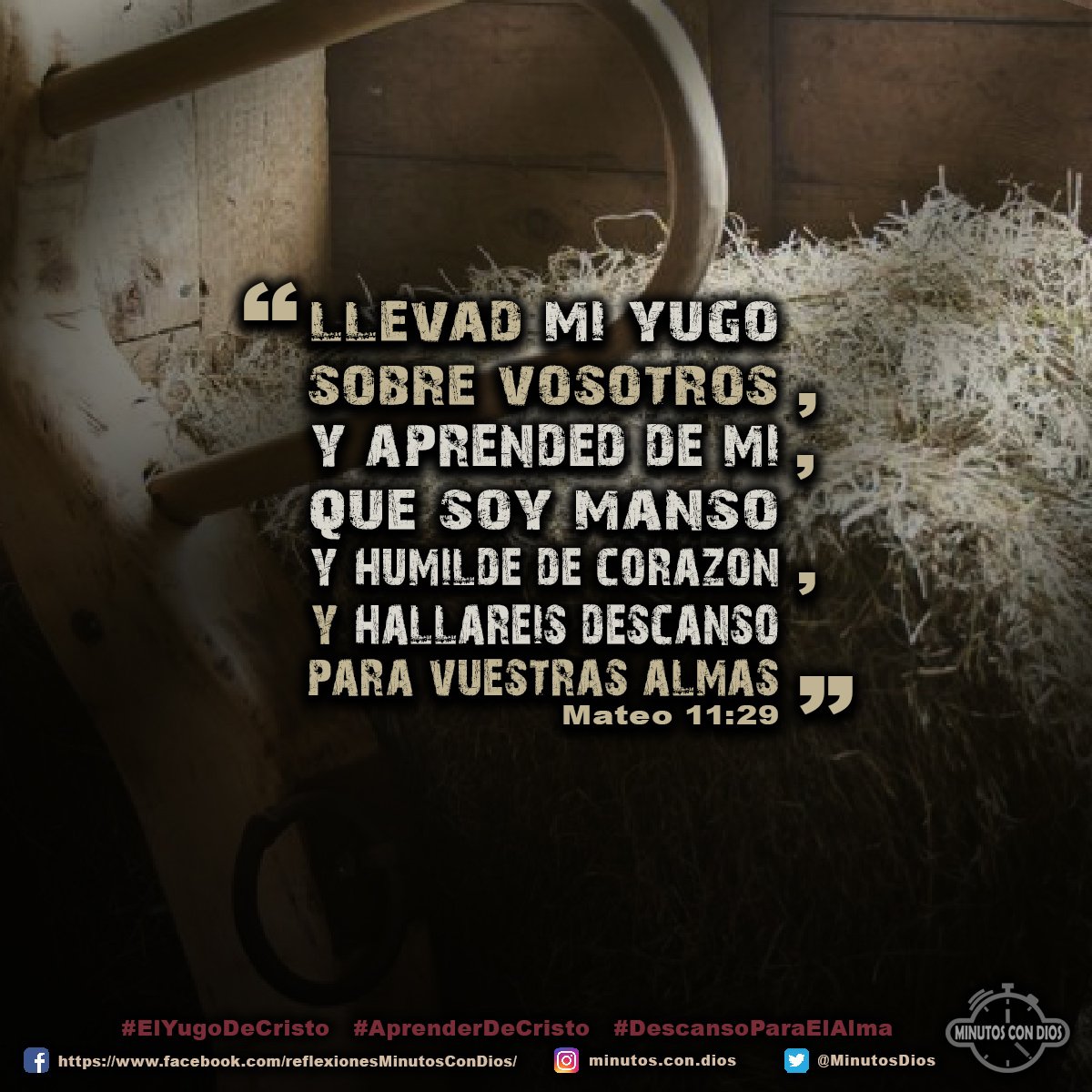 Llevad mi yugo sobre vosotros, y aprended de mí, que soy manso y humilde de corazón; y hallaréis descanso para vuestras almas. Mateo 11:29 RVR1960 #ElYugoDeCristo, #AprenderDeCristo, #DescansoParaElAlma, #MinutosConDios, #ReflexionesDiarias