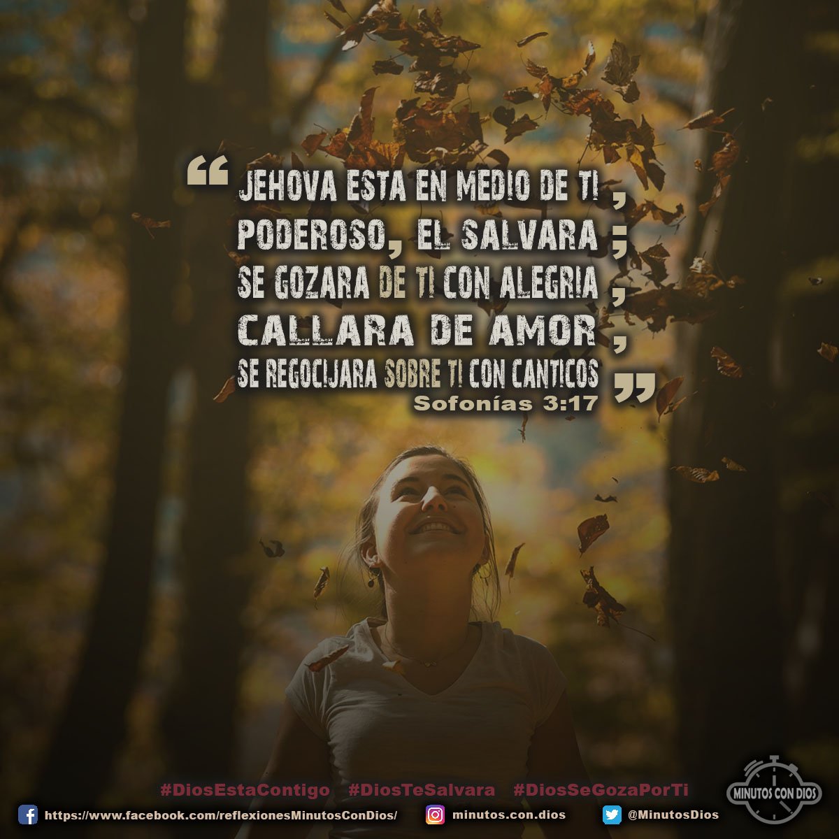 Jehová está en medio de ti, poderoso, él salvará; se gozará sobre ti con alegría, callará de amor, se regocijará sobre ti con cánticos. Sofonías 3:17 RVR1960 #DiosEstaContigo, #DiosTeSalvara, #DiosSeGozaPorTi, #MinutosConDios, #ReflexionesDiarias